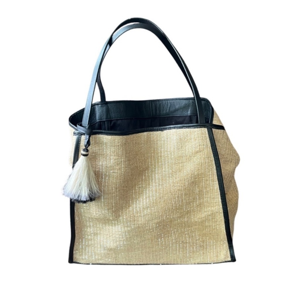 KEMPTON & CO Taunton Tote Bag NATURAL JUTE BLACK LEATHER 1-Strap Shoulder Purse
